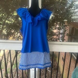 Blue Ruffled Women's Top w grosgrain ribbon trim (skort available also)